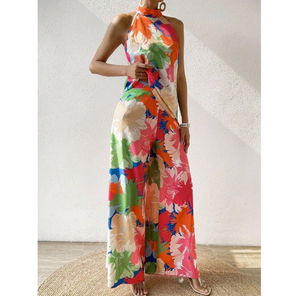Floral Print Halter Top & Wide Leg Pants Coord Set - Picture 3 of 9
